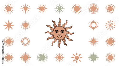 Bohemian sun symbols collection featuring a central anthropomorphic sun face with wavy rays and surrounding minimalist sun icons in warm terracotta and sage green tones for graphic design and spiritua