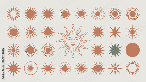 Bohemian sun icons celestial starburst symbols modern graphic elements vintage sun face illustration abstract astral shapes cosmic energy radiant light solar power graphic design for astrology wellnes