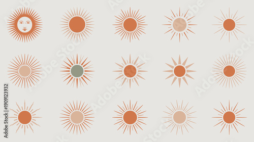 Bohemian sunburst abstract collection with face element modern minimalist graphic design elements for celestial themes spiritual wellness and natural energy concepts warm earthy tones minimal icons fo
