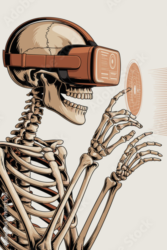 Skeleton wearing virtual reality headset interacting with digital interface futuristic technology concept exploring metaverse digital world simulation cyber reality exploration entertainment gaming in