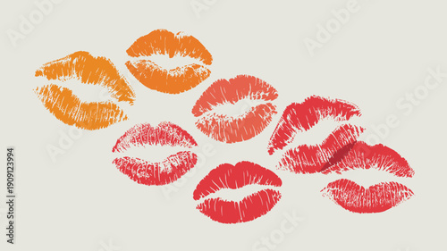 Kiss mark lip prints in vibrant red and orange colors on a neutral background graphic design element for beauty and romance concepts with a pop art style illustration for advertising and marketing cam