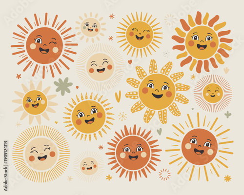 Collection of cute cartoon sun characters with happy faces smiling and winking in a boho retro style with warm earth tones perfect for children's decor nursery art and summer themed designs illustrati