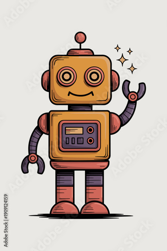Friendly cartoon robot character waving hello with a cheerful expression a retro mechanical android illustration for technology technology concepts science fiction and futuristic themes in digital med