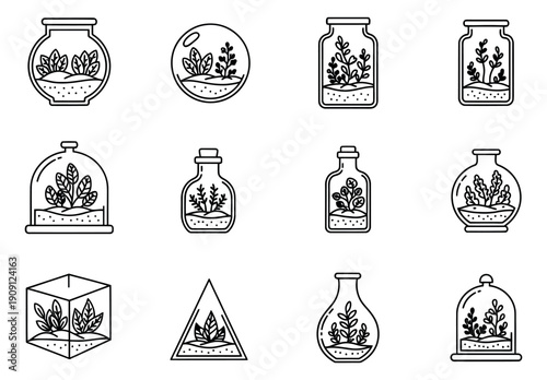 Hand drawn line art terrarium icon set featuring plants in glass containers for home decor and gardening concepts
