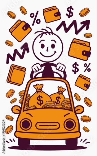 Happy stick figure driver steering car filled with money bags and coins celebrating financial success wealth accumulation concept with rising graph percentages and wallets for business finance investm