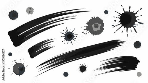 Black ink brush strokes and splatters abstract art elements for graphic design modern grunge texture background for creative projects artistic messy distressed paint smears and drops used in web desig