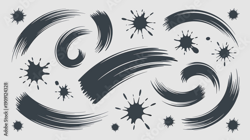 Dark grey brush stroke splatters and abstract shapes set on light background expressive artistic elements for graphic design grunge textures creative backgrounds modern art illustrations marketing mat
