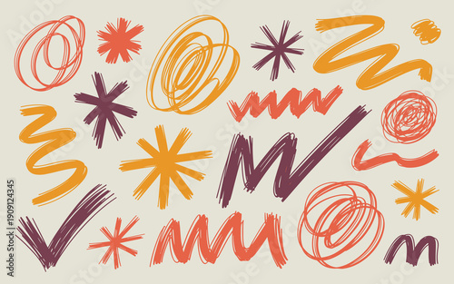 Hand drawn abstract scribble shapes and doodles in warm autumn colors of orange yellow and purple creating a playful energetic and artistic pattern for graphic design and illustration projects celebra