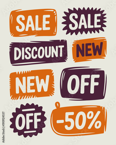 Set of sale discount new off 50 percent promotional stickers and badges for retail marketing advertising shopping campaigns and e-commerce banners modern graphic design elements for special offers and