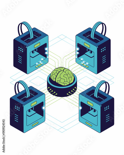 Artificial intelligence learning data processing concept with 3D printers connected to a central brain network for futuristic manufacturing and innovation in technology industries