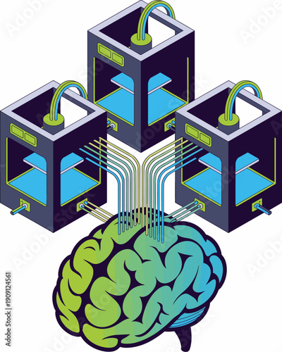 Creative artificial intelligence concept connecting multiple 3D printers to human brain illustration for technology innovation manufacturing automation ideas and future digital transformation in indus