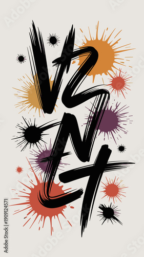 Bold abstract black brush stroke calligraphy graphic design with vibrant paint splatters and starburst shapes irregular ink blots artistic creative expression modern graphic resource for energetic con