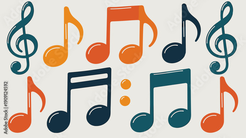 Musical notes and treble clef symbols in vibrant orange teal and deep blue colors against a clean white background representing music melody rhythm sound concert performance audio creativity and enter