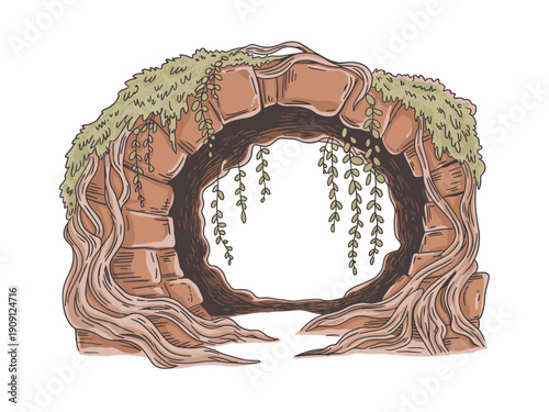 Ancient stone archway overgrown with moss and tree roots forming a natural gateway entrance to a mysterious forest portal or hidden sacred grove fantasy landscape illustration for adventure games and