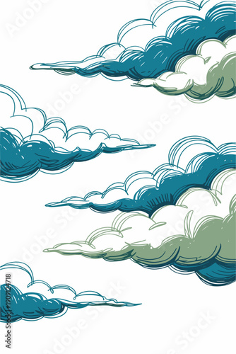 Stylized clouds illustration with blue and green tones on white background abstract sky pattern for weather and atmosphere concepts dreamlike and serene mood for design elements and backgrounds