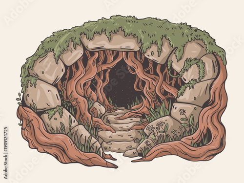 Mysterious ancient stone cave entrance overgrown with moss and tangled tree roots leading to dark starry night sky fantasy landscape illustration for storytelling adventure exploration discovery conce