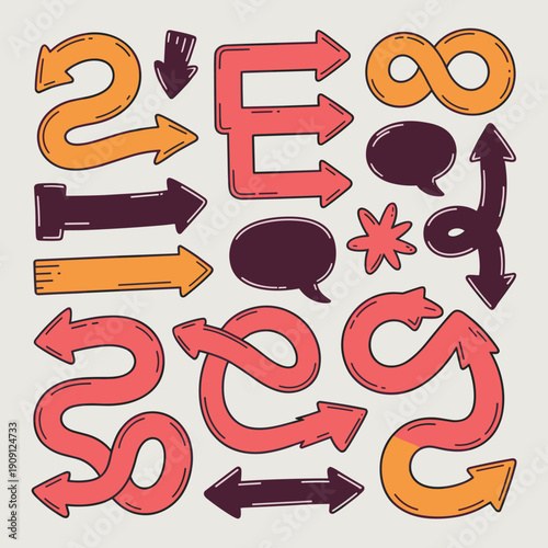 Set of hand drawn doodle arrows and speech bubbles in vibrant coral and orange colors pointing in various directions indicating direction progress and communication for graphic design elements and ico