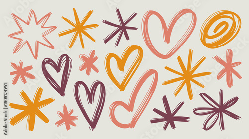 Hand drawn abstract shapes hearts stars bursts and doodles in warm earthy tones perfect for scrapbooking graphic design social media posts marketing materials and creative projects vibrant playful mod