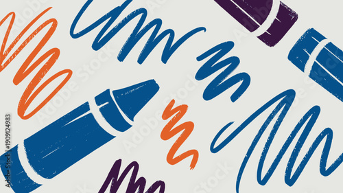 Vibrant crayon doodles and scribbles in bold blue orange and purple on cream background playful creative art illustration for children education and artistic design concepts