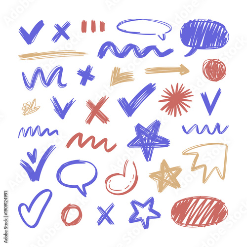 Collection of hand drawn checkmarks crosses stars speech bubbles arrows and wavy lines in blue red and gold colors sketch elements for design projects educational materials and creative presentations