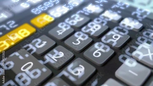 Abstract 3D animation of a digital calculator keypad with flowing financial data numbers for accounting and stock market concepts.