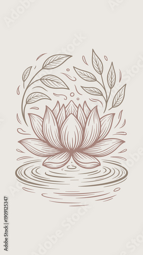 Elegant lotus flower blooming gracefully on tranquil water surface with delicate leaf branches serene minimalist botanical illustration for wellness yoga meditation spa and natural beauty concepts