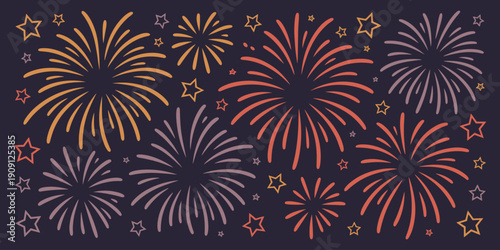 Colorful abstract fireworks exploding in night sky with stars festive celebration background design for holiday events and New Year's Eve parties vibrant graphic illustration for invitations and promo