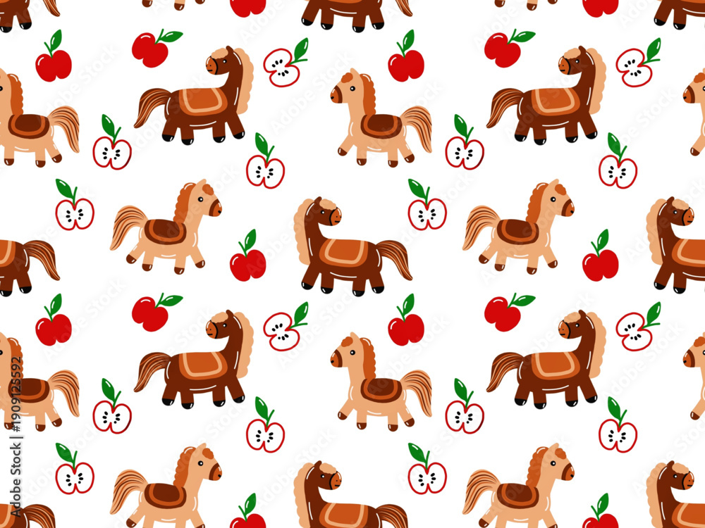 Fototapeta premium Seamless pattern of cute cartoon horse and apple with white background . Cute design for kids' supplies.