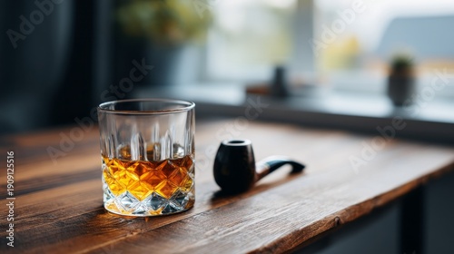 Wallpaper Mural A glass filled with rich amber whiskey sits on a wooden table, next to a smooth tobacco pipe. Soft sunlight filters through the window, creating a warm atmosphere perfect for relaxation Torontodigital.ca