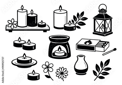 Line art candle and spa set featuring various burning candles, a lantern, and aromatherapy diffusers for relaxation and home decor