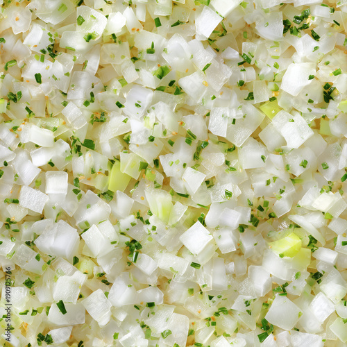 Seamless tiling photorealistic pattern of sliced onion and herbs for infinite backgrounds or textures