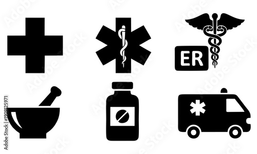 Hospital and Medical Sign Icon Set for First Aid, Emergency, Pharmacy and Ambulance