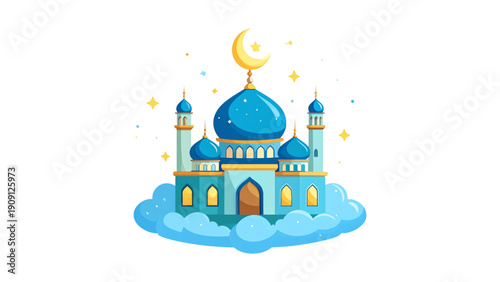 Illustration of a mosque with a crescent moon on top, surrounded by clouds and stars, symbolizing Ramadan Kareem