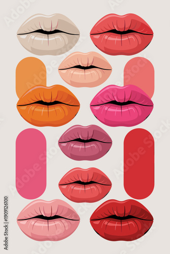 Collection of diverse vibrant lipstick shades and plush kiss lips illustration for beauty makeup cosmetics branding advertising marketing and fashion concepts modern aesthetic design elements