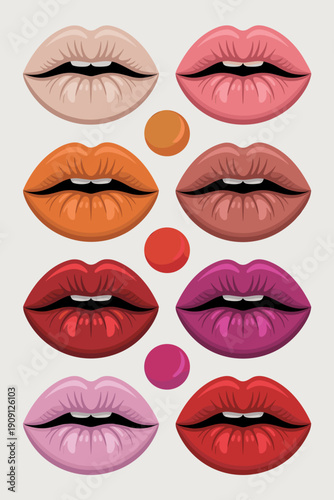 Collection of diverse vibrant lips showing various lipstick shades and colors representing beauty cosmetics makeup and fashion with a playful pop art style for advertising and design elements