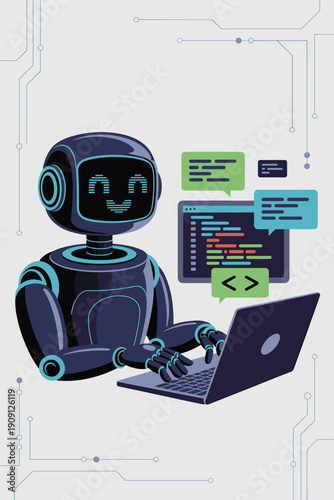 Friendly robot character coding on laptop computer with programming code on screen and chat bubbles representing artificial intelligence and software development concepts for technology business and d