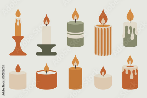 Set of flat design candles burning with warm flickering flames in earthy tones creating a cozy atmosphere for relaxation and home decor illustrations for wellness and autumn themes