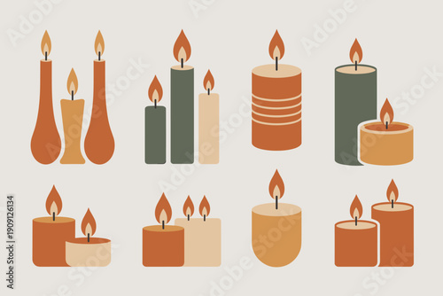 Set of abstract minimalist candles burning with warm flickering flames in earth tones and muted colors for cozy ambiance and decorative design elements for home decor and seasonal decoration concepts