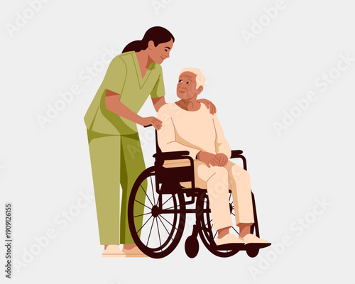 Caring nurse assisting elderly man in wheelchair with gentle support and compassion for elder care and medical assistance in a healthcare setting professional medical caregiver helping senior patient