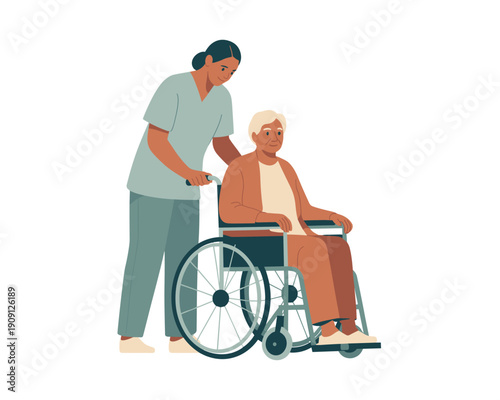Caring nurse assistant pushing elderly woman in wheelchair with gentle support for mobility assistance in healthcare setting professional medical caregiver helping senior patient with compassion for h