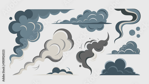 Collection of diverse stylized smoke and cloud elements cartoon style graphic resources for visual effects animations and motion graphics design conveying mystery danger or atmosphere
