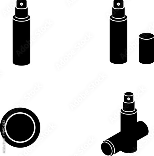 4 view Cosmetic Spray Bottle Icon Set: Detailed Black Glyph Vector Silhouettes of Dispenser Nozzles, Atomizers, and Hygiene Liquid Containers for Web Design and App UI.