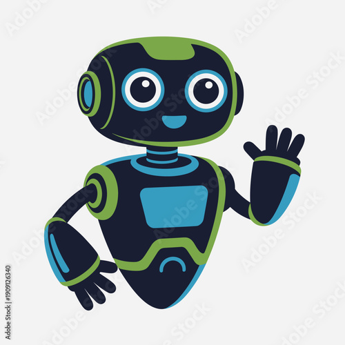 Friendly cartoon robot waving hello enthusiastic cheerful futuristic android character illustration for technology innovation future business and AI concepts clean simple design digital assistant masc