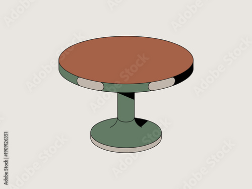 Modern round dining table with wood grain tabletop and green pedestal base minimalist furniture design for contemporary home decor interior design concept vector illustration for websites and apps