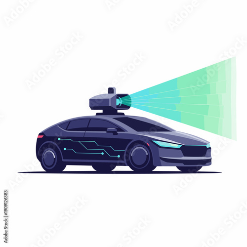 Autonomous self driving car vehicle sensor lidar radar camera technology scanning road ahead for navigation and safety with futuristic digital circuit design modern transportation concept for automoti