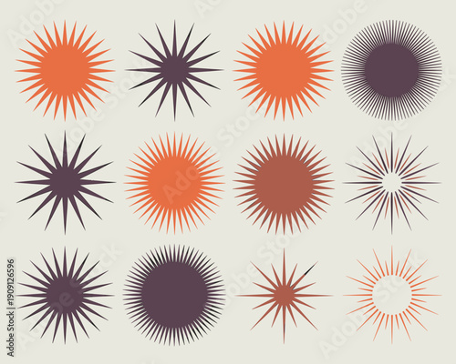 Abstract geometric sunburst starburst shapes modern minimalist graphic design elements retro mid century style pattern collection vibrant orange deep purple terracotta warm color palette vector illust