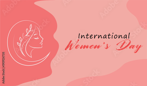 International womens day pink background with female profile crescent laurel illustration modern design for equality and celebration