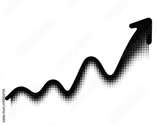 Black wavy upward arrow with halftone dot pattern indicating growth, progress, and increasing trend on a transparent background
