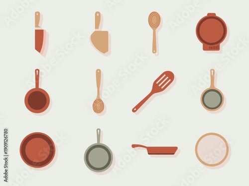 Modern kitchenware flat icon set illustration collection of cooking utensils including knife spatula spoons pans and pot for culinary design elements food blogs recipe websites restaurant menus and ki