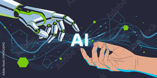 Robotic hand reaching towards human hand with AI text glowing in between symbolizing future technology connection and artificial intelligence innovation for digital transformation and smart industry c